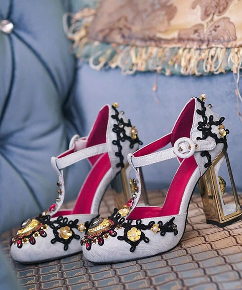 Embellished T-Strap Heels